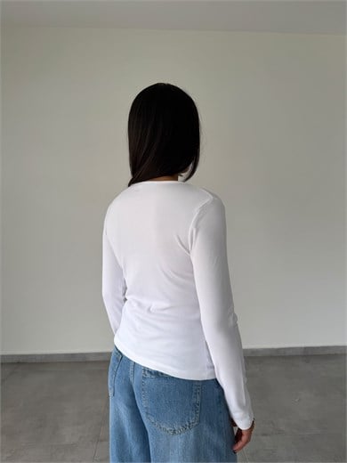 Beyaz Kaşkorse V Yaka Önü Düğmeli Body