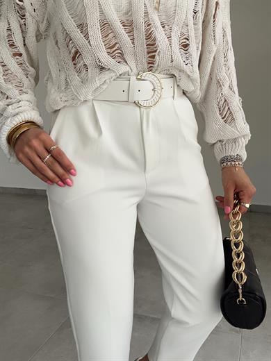 Beyaz Kemerli Atlas Kumaş Pantolon