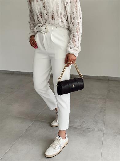 Beyaz Kemerli Atlas Kumaş Pantolon