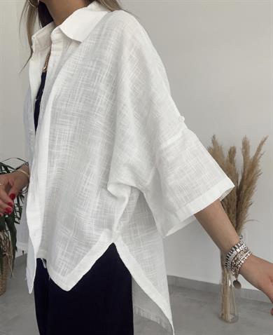 Beyaz Keten Düşük Kollu Oversize Gömlek