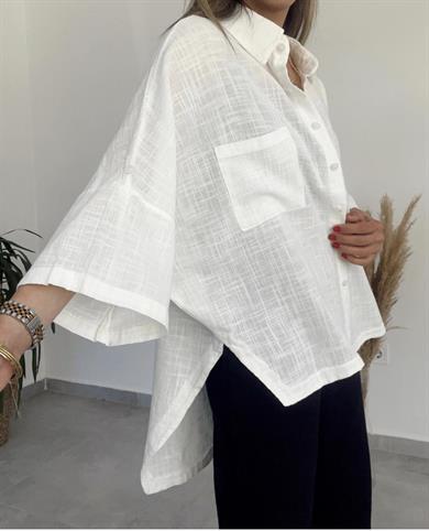 Beyaz Keten Düşük Kollu Oversize Gömlek