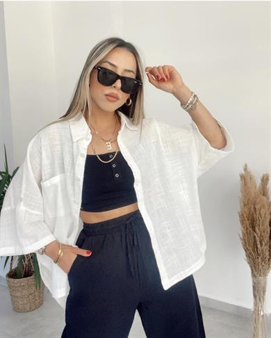 Beyaz Keten Düşük Kollu Oversize Gömlek