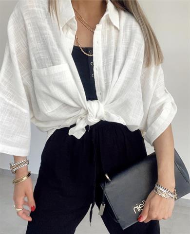 Beyaz Keten Düşük Kollu Oversize Gömlek