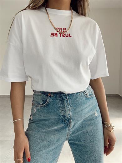 Beyaz Kırmızı Kabartma Baskı Tshirt