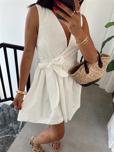 Beyaz Kruvaze Yaka Elbise