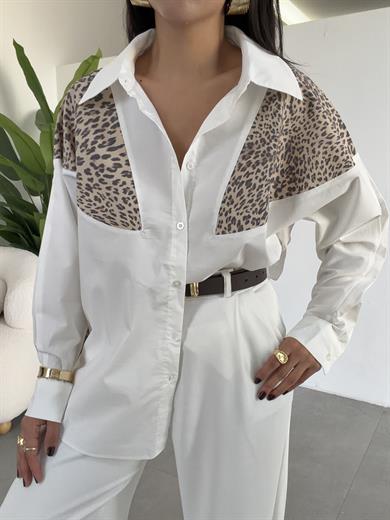Beyaz Leopar Detaylı Gömlek