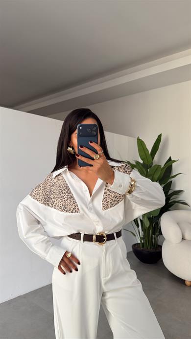 Beyaz Leopar Detaylı Gömlek