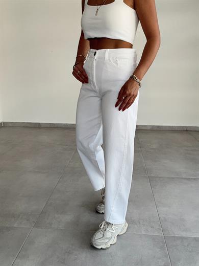 Beyaz Likralı Mom Jean