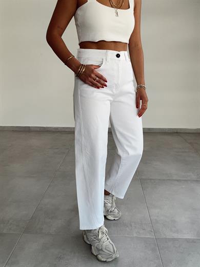 Beyaz Likralı Mom Jean