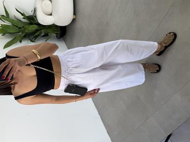 Beyaz Marina Kumaş Cepli Parçalı Boru Paça Pantolon