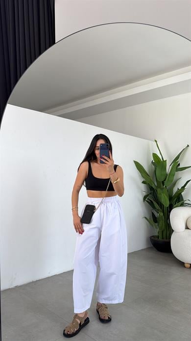 Beyaz Marina Kumaş Cepli Parçalı Boru Paça Pantolon