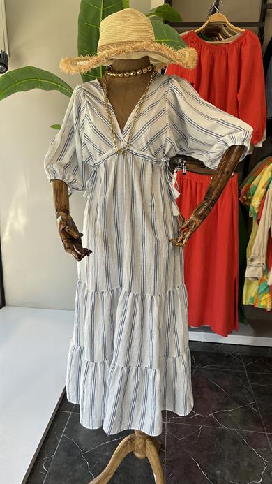 Beyaz-Mavi Çizgili Sırt Dekolteli Elbise