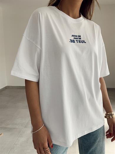 Beyaz Mavi Kabartma Baskı Tshir