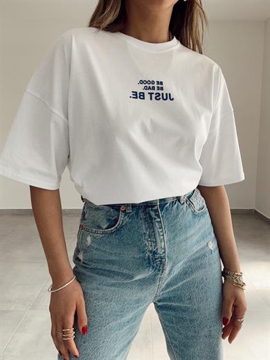 Beyaz Mavi Kabartma Baskı Tshir