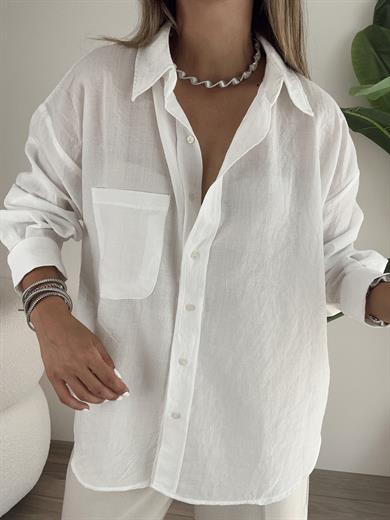 Beyaz Oversize Cepli Gömlek