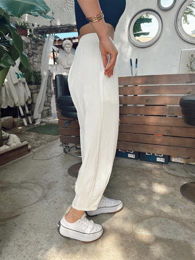 Beyaz Paça Pilili Keten Pantolon