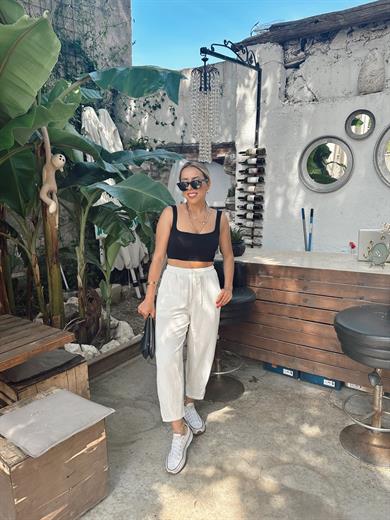 Beyaz Paça Pilili Keten Pantolon