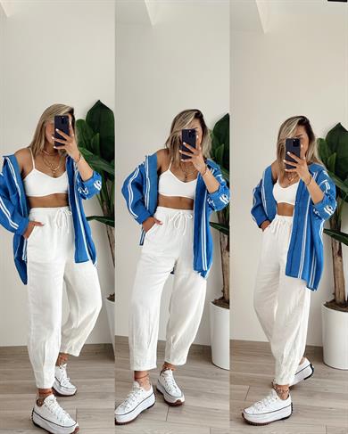 Beyaz Paça Pilili Keten Pantolon