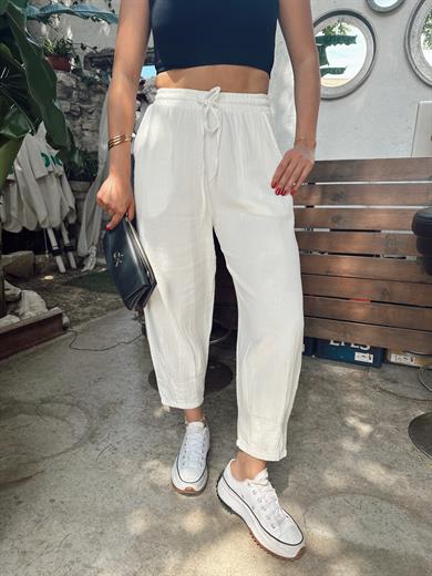 Beyaz Paça Pilili Keten Pantolon