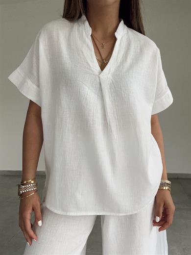 Beyaz Pamuk Keten Hakim Yaka Bluz