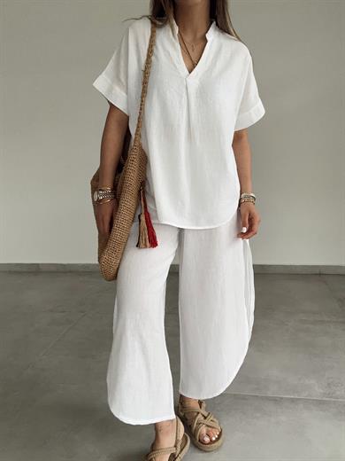 Beyaz Pamuk Keten Hakim Yaka Bluz