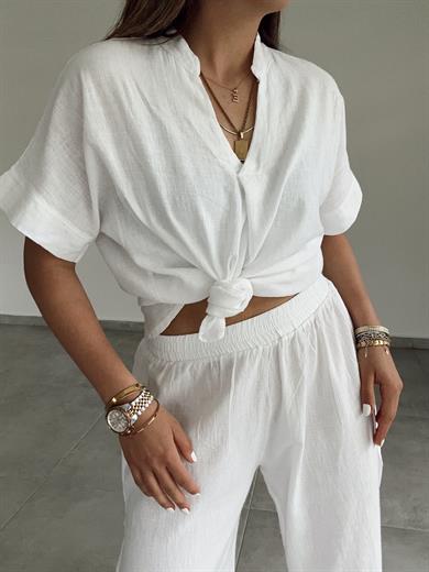 Beyaz Pamuk Keten Hakim Yaka Bluz