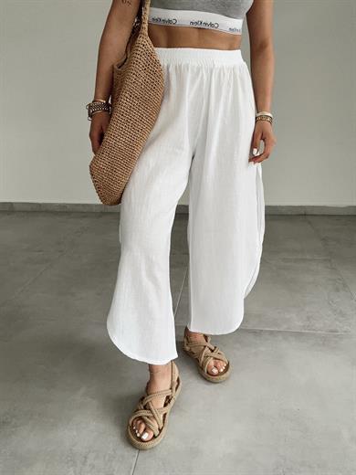 Beyaz Pamuk Keten Mendil Paça Pantolon