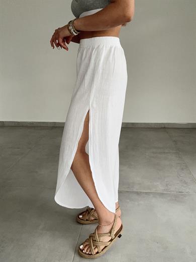 Beyaz Pamuk Keten Mendil Paça Pantolon