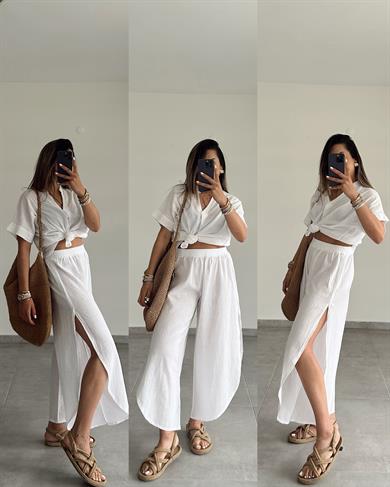 Beyaz Pamuk Keten Mendil Paça Pantolon