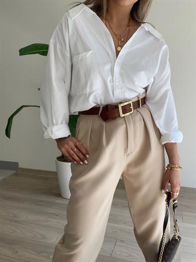 Beyaz Poplin Kumaş Oversize Gömlek