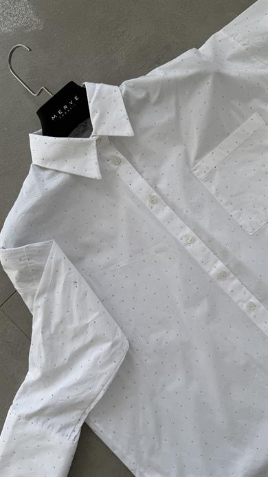 Beyaz Poplin Taşlı Gömlek