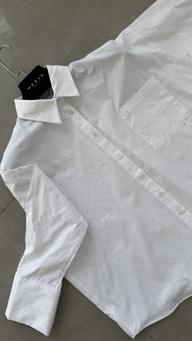 Beyaz Poplin Taşlı Gömlek