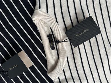 Ekru-Siyah Çizgili Uzun Kol Triko