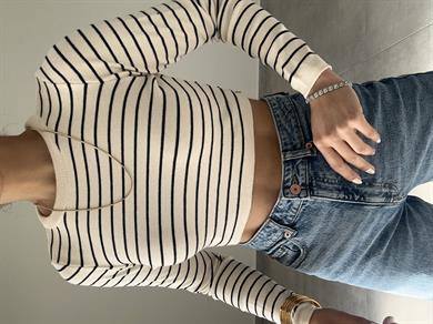 Ekru-Siyah Çizgili Uzun Kol Triko