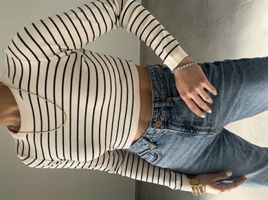 Ekru-Siyah Çizgili Uzun Kol Triko