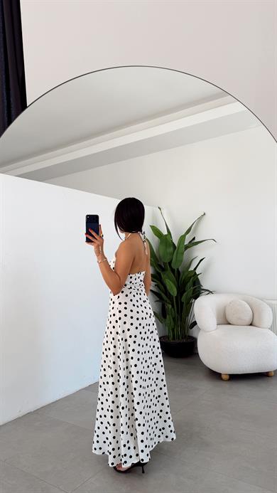 Beyaz-Siyah Dantel Detaylı Puantiye Desenli Elbise