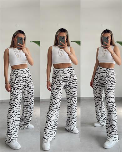 Beyaz-Siyah Desenli  Beli Lastikli Pantolon