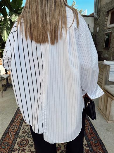 Beyaz-Siyah Tasarım Çizgili Gömlek