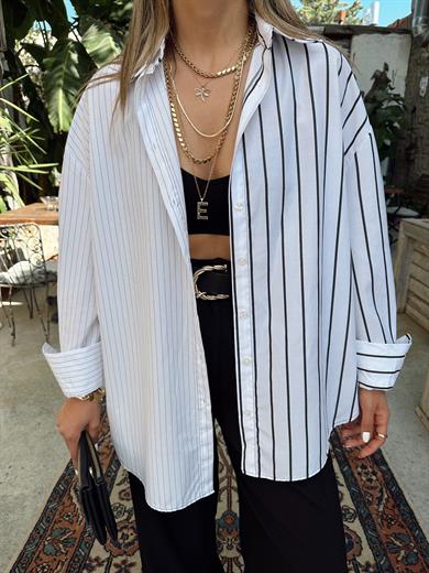 Beyaz-Siyah Tasarım Çizgili Gömlek