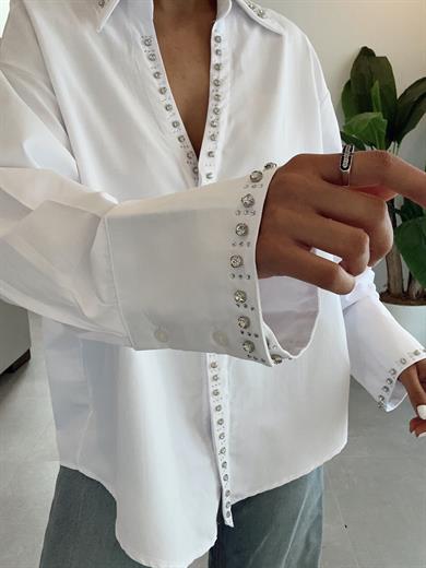 Beyaz Taş Detaylı Poplin Gömlek