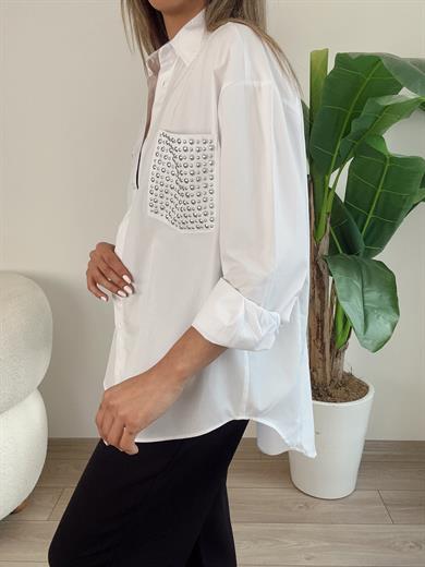 Beyaz Tasarım Zımba Cep Detaylı Gömlek