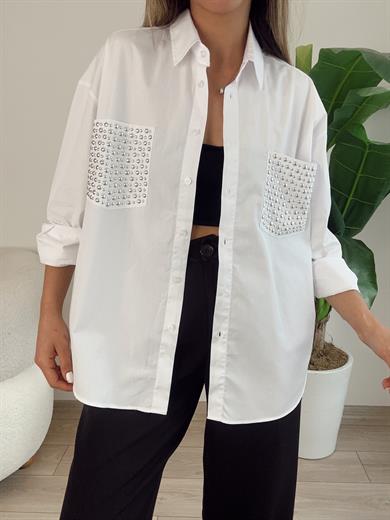 Beyaz Tasarım Zımba Cep Detaylı Gömlek