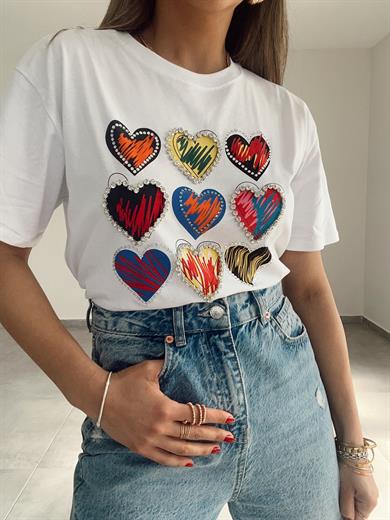 Beyaz Taşlı Kalp Baskı Tshirt
