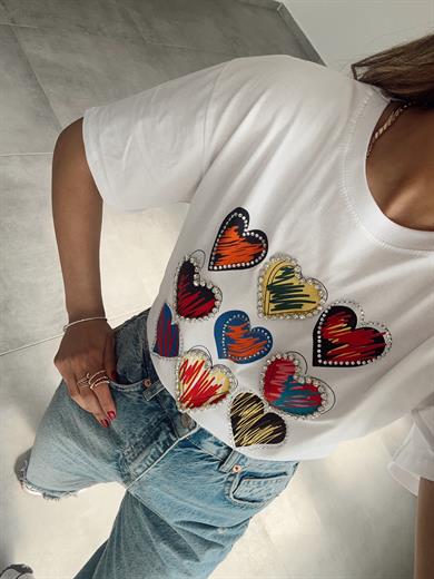 Beyaz Taşlı Kalp Baskı Tshirt