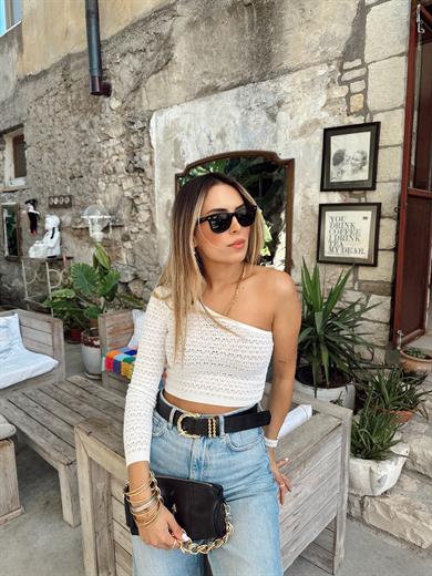 Beyaz Tek Kollu Triko Bluz
