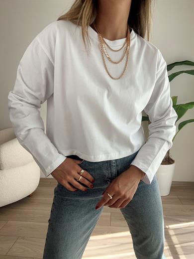Beyaz Uzun Kol Kısa Oversize Basic