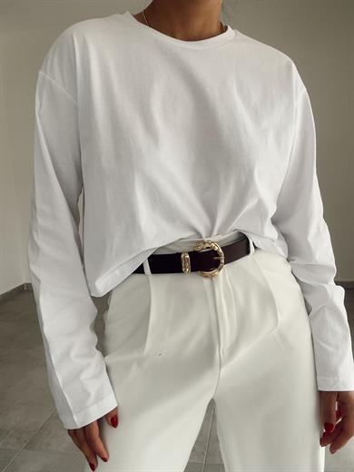 Beyaz Uzun Kollu Crop Tişört