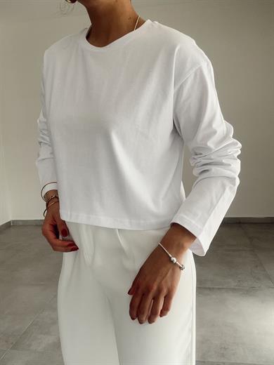 Beyaz Uzun Kollu Crop Tişört