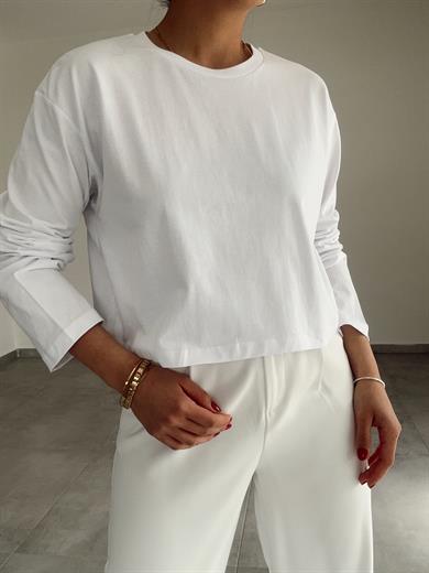 Beyaz Uzun Kollu Crop Tişört