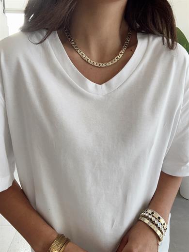 Beyaz V Yaka Oversize Tshirt